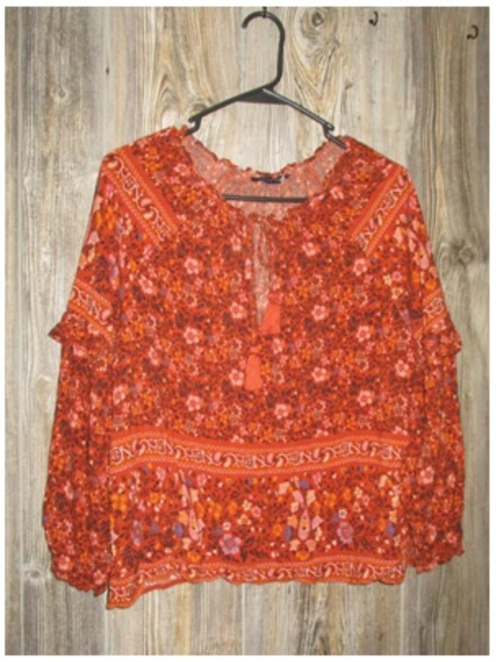 American Eagle Women Sz Small Orange Rust Floral Boho Peasant Top Fall Cute
